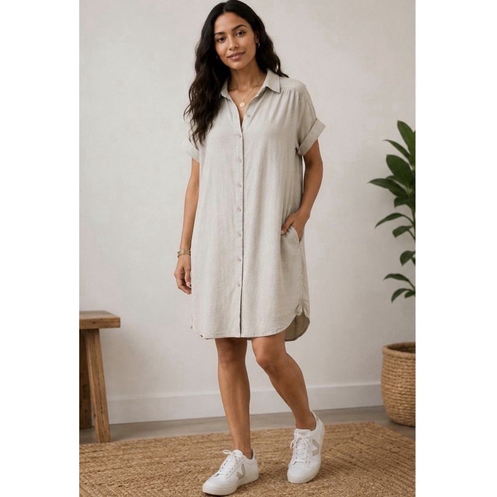 Well Worn Womens Linen Blend Button Down Shirt Dress Oatmeal Beige Medium Pocket